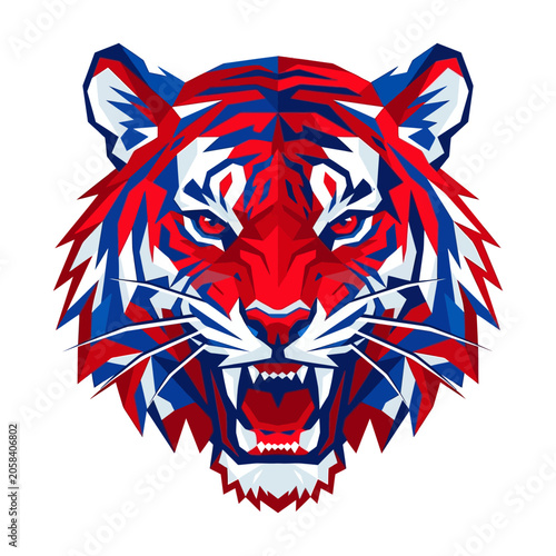 Billede på lærred Geometric tiger head mascot logo with red, white, and blue colors