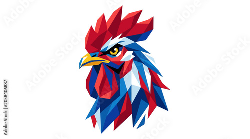 Fotografie Geometric rooster head illustration in red, blue, and white stylized polygon design