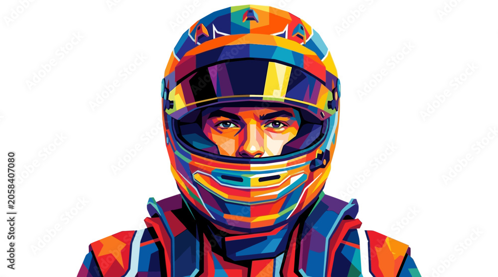 Naklejka premium Geometric artistic representation of formula one driver max verstappens racing helmet and suit. Suitable for sports graphics or posters.