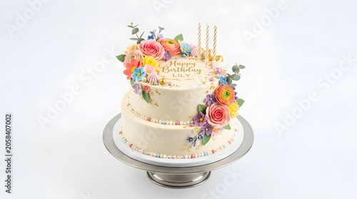Beautiful birthday cake with colorful flowers and candles on top