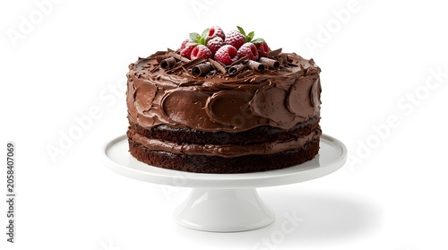 Chocolate cake with strawberries on a white cake stand