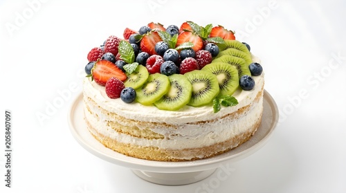 Delicious cake with fresh fruits on top isolated on white background