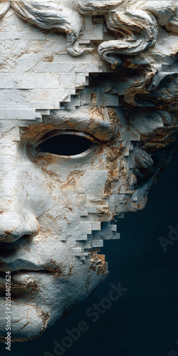 Cinematic portrait of face dissolving into cracked marble sculpture texture dramatic lighting
