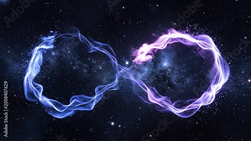 Glowing infinity symbol formed by flowing cosmic energy in deep space, merging blue and purple light streams with radiant particle explosion. Concept of eternity and infinite possibilities