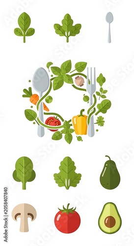 Colorful Flat Vegan Food Icons Arranged with Vegetables and Utensils on White Background