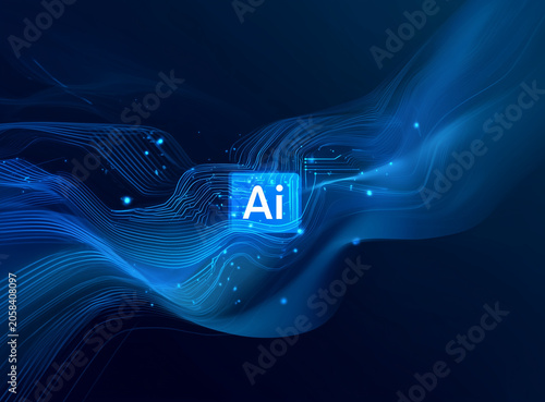 AI Processor Chip with Data Flow on Futuristic Circuit Board