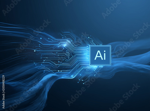 AI Processor Chip with Data Flow on Futuristic Circuit Board