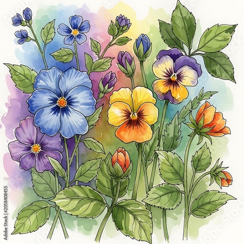 Colorful Watercolor Wildflower Bouquet Blooming with Green Leaves on Soft Pastel Background