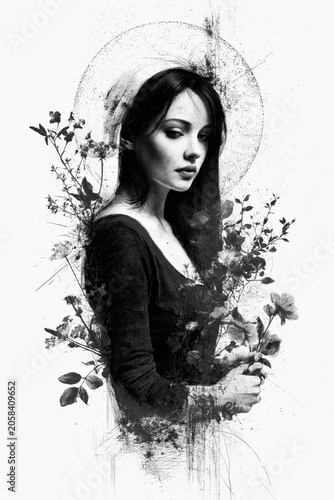 Virgin Mary Floral Engraving Illustration – AI Generative