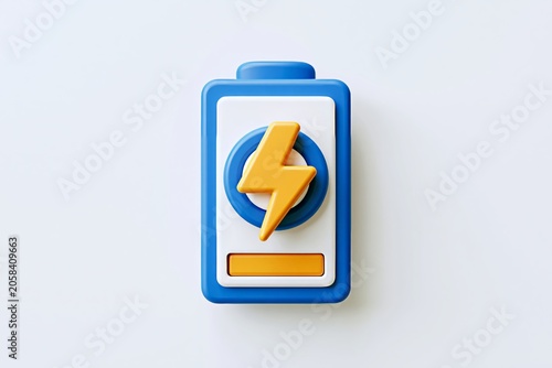 3D Battery charge indicator icon. Wireless charging energy sign. Level battery energy. On white background. 3D illustration. Electric discharge or lightning, high voltage, full battery. 3D UI