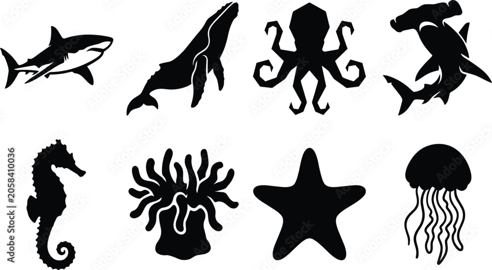 Fototapeta premium Black and White Vector Silhouette Set of Marine Life Icons Featuring Shark Whale Octopus Hammerhead and Jellyfish