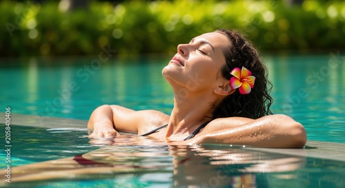 Serene woman relaxing in luxury pool with frangipani flower during tropical vacation