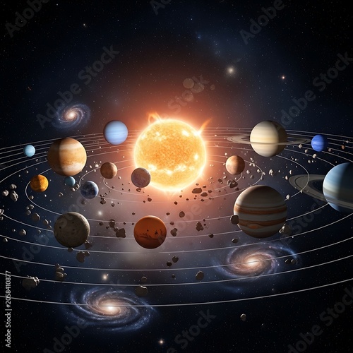 Glowing Solar System Planets Orbiting Bright Sun in Deep Space
