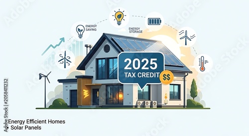 Modern Solar Powered Home Showing 2025 Tax Credit and Energy Efficiency Icons