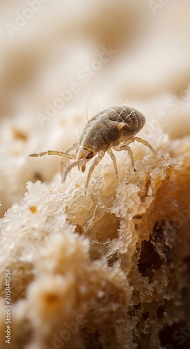 Tiny Springtail Crawling on Crumbly Beige Organic Surface in Macro View