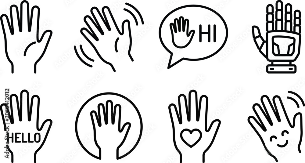 Fototapeta premium Greeting hand gestures line icon set showing hello hi welcome and waving palms for social messaging