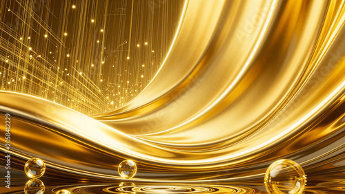 Elegant Abstract Golden Waves Background with Glowing Spheres