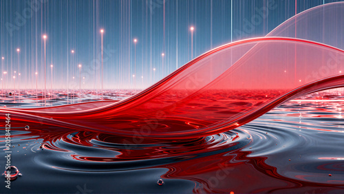 Abstract Fluid Dynamics Red Liquid Flow and Digital Data Streams
