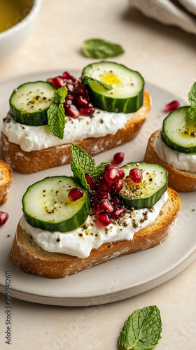 Close up of bruschetta with labneh, cucumber and pomegranate