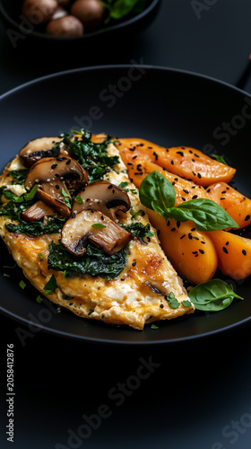 Artisan mushroom omelet garnished with wilted greens and black seeds, paired with sliced orange tomatoes in a rustic culinary execution.