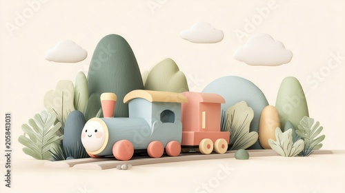 Cute pastel toy train in whimsical landscape. AI-generated.