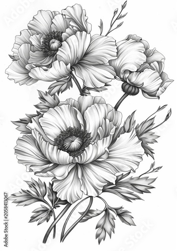 Detailed monochrome floral illustration with elegant blossoms. AI-generated.