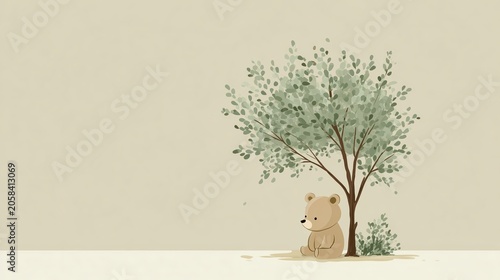 Cute bear sitting beneath a tree in minimalist style. AI-generated.