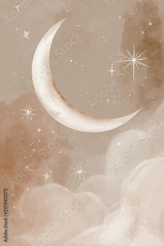 Soft crescent moon with stars above fluffy clouds. AI-generated.