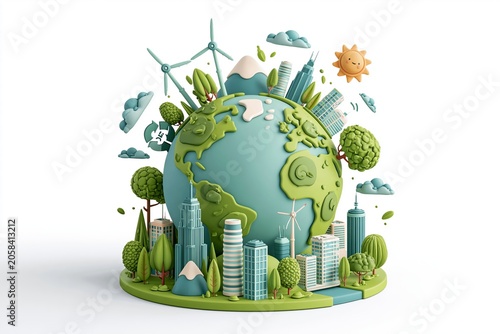 Website landing page or presentation slide layout with 3D render illustration of the concept of sustainability or environmental protection. Save tha earth. 3D render cartoon vector illustration