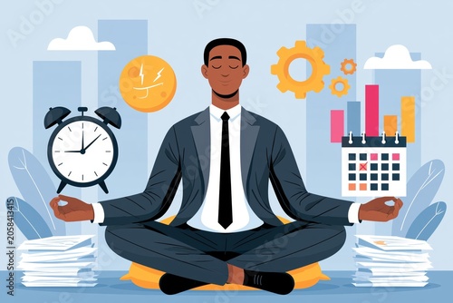 Self discipline or self control to complete work or achieve business target, time management to increase productivity concept, businessman meditate balancing clock and calendar on completed task paper