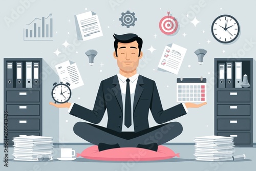 Self discipline or self control to complete work or achieve business target, time management to increase productivity concept, businessman meditate balancing clock and calendar on completed task paper