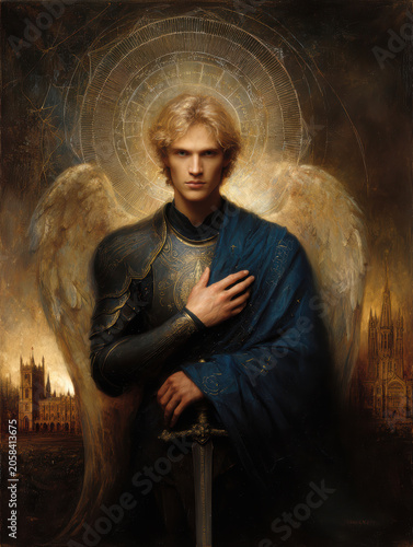 Majestic Archangel Warrior with Golden Wings and Stained Glass Background. AI generative.