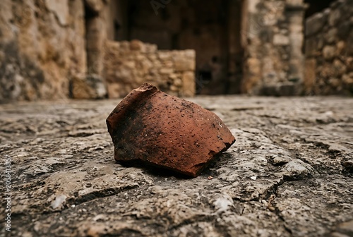 Ancient terracotta pottery shard on stone floor of historical ruins