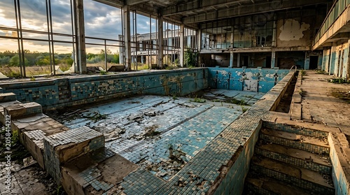 Abandoned indoor swimming pool in a state of decay and ruins