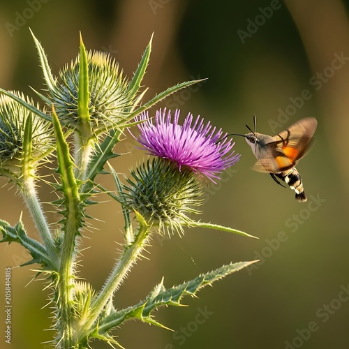 Hummingbird Hawk Moth Hovering Near Purple Thistle Flower in Sunlit Garden
