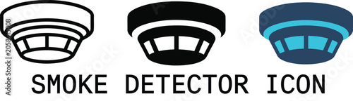 Photography Set of three smoke detector icons: outline, solid black, and modern blue and tea