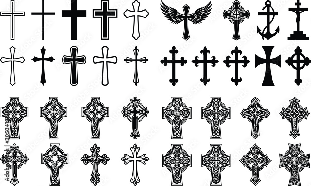 Fototapeta premium Christian cross icons mega collection celtic crucifix symbols black detailed silhouette vector bundle isolated on white background