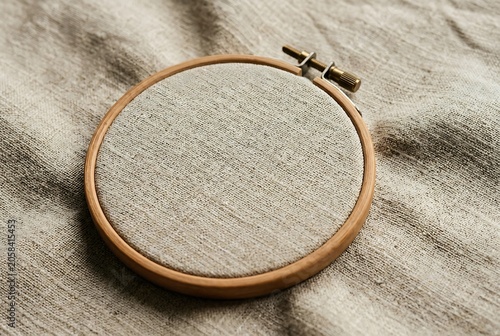 Blank wooden embroidery hoop with natural linen fabric on rustic textile background