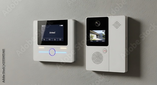 Modern Home Security Control Panel and Video Intercom Mounted on Gray Wall
