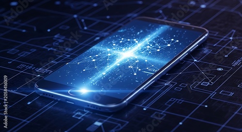 Glowing Smartphone Displaying Digital Network on Futuristic Circuit Board