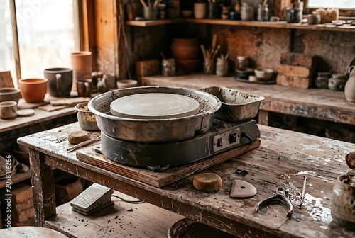 Electric pottery wheel on a wooden workbench in a rustic ceramics studio workshop