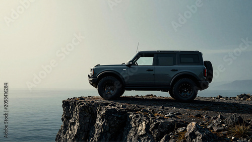 Rugged off-road SUV on a perilous cliff edge by the sea