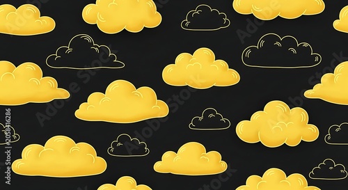 Bright Yellow Cartoon Clouds Floating in Seamless Pattern on Dark Background