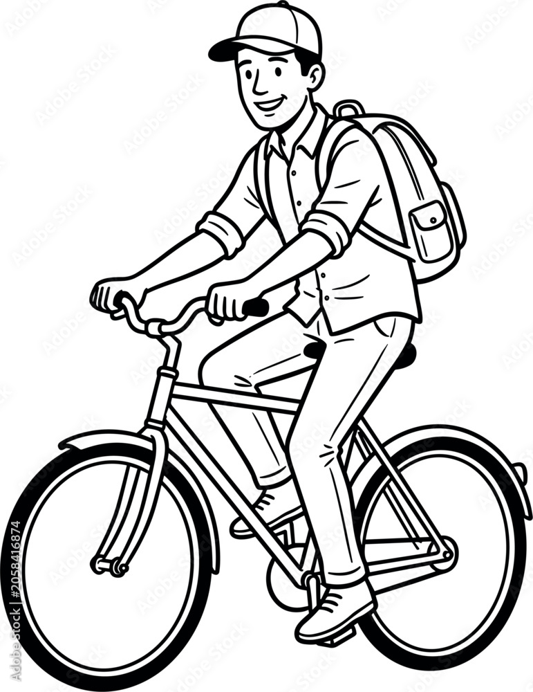 Naklejka premium Black and White Line Art Vector Illustration of a Happy Young Man Wearing a Cap and Backpack Riding a Bicycle for Eco Friendly Commute Travel and Lifestyle Designs