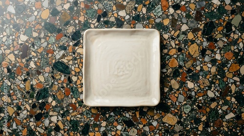 Empty White Square Ceramic Plate on Colorful Terrazzo Tabletop Background Flat Lay
