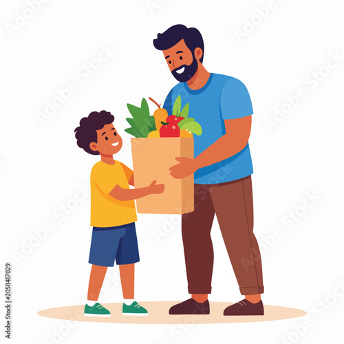 Father giving grocery bag to excited young boy at home indoors