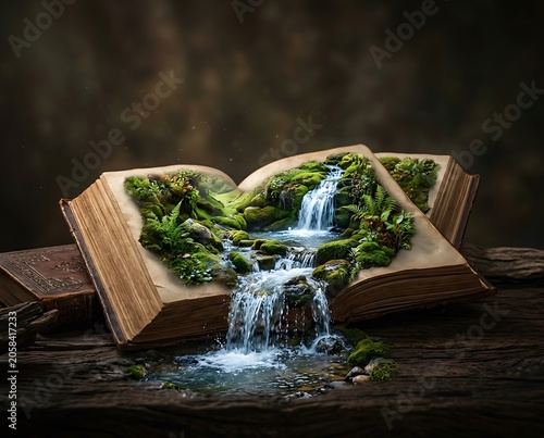 Fantasy Storytelling Concept with Waterfall Flowing out of an Ancient Book