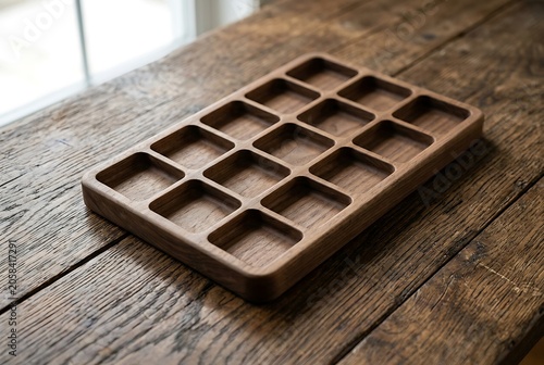Handcrafted Wooden Organizer Tray with Multiple Compartments on Rustic Wood Table