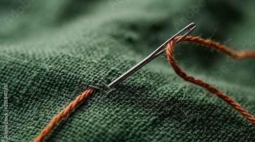 Macro Shot of a Sewing Needle with Orange Thread on Green Fabric