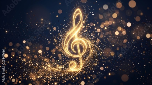 Golden Treble Clef Musical Symbol With Glowing Particles and Elegant Bokeh Background